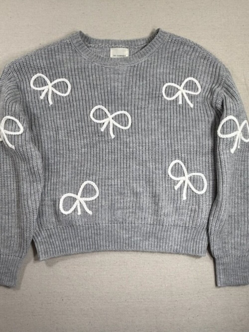 No Comment Coquette Balletcore Girls M Grey Bow Applique Ribbed Knit Sweater